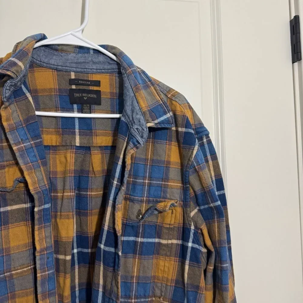 True Religion Jacquard Gold & Blue Button Down Plaid Flannel Shirt